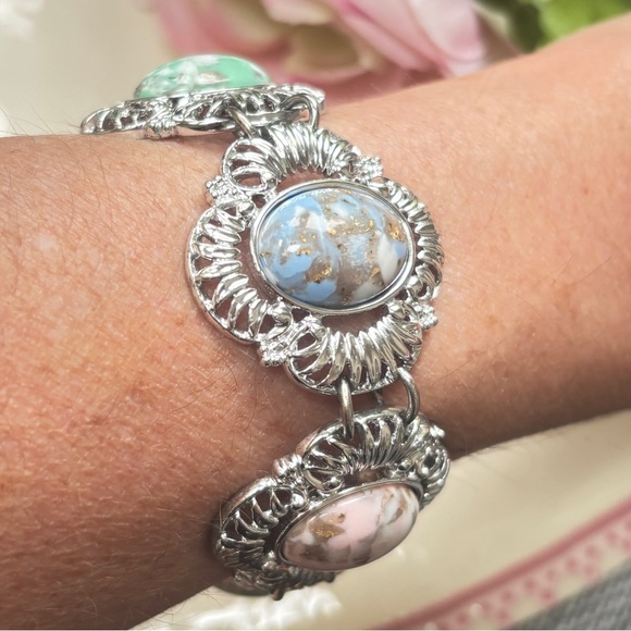 Vintage Silver Link Bracelet with marbled pastel stones, Sarah Coventry - Picture 1 of 15